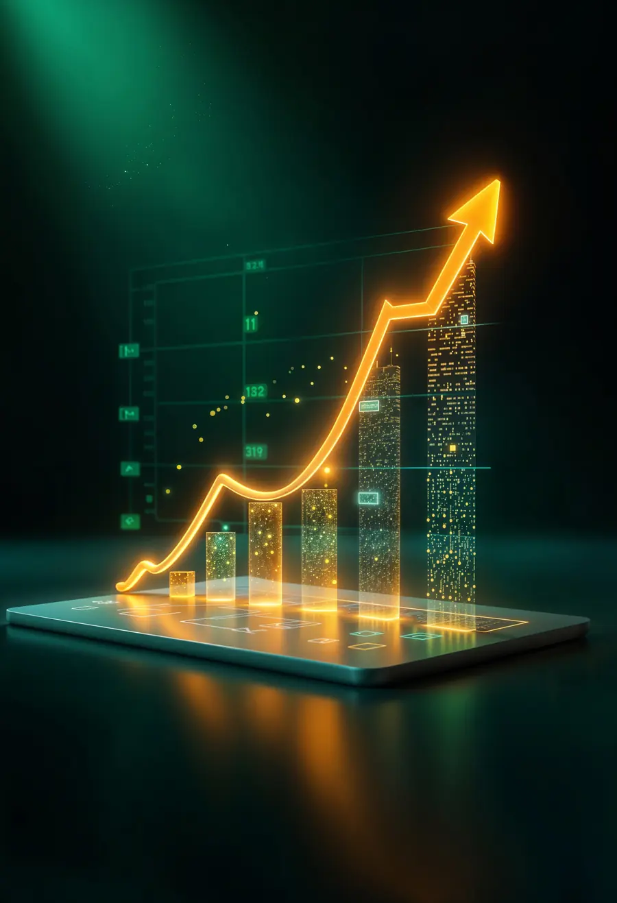 A glowing arrow climbing above a bar chart